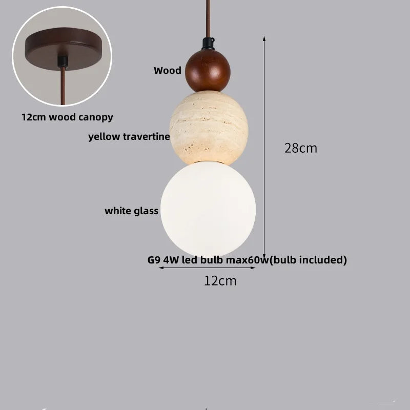 Yellow Travertine Wood Wire Adjustable LED Pendant Lights Modern Nordic Living Room