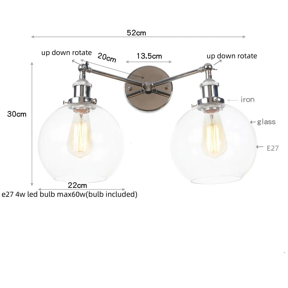 2 Head LED Wall Lamps Iron Glass Bedroom Stair Light Fixtures