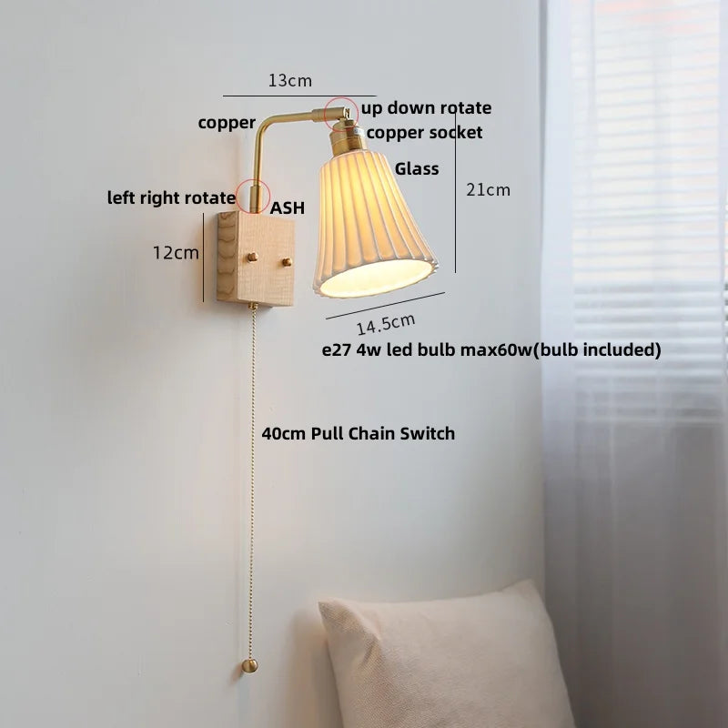 Walnut Wood LED Wall Sconce Rotatable Glass Bedside Lamp Nordic Modern