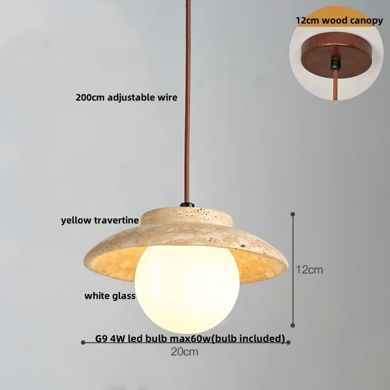 Yellow Travertine Wood Canopy Pendant Lights - Japanese Style Adjustable Globe LED Hang Lamp