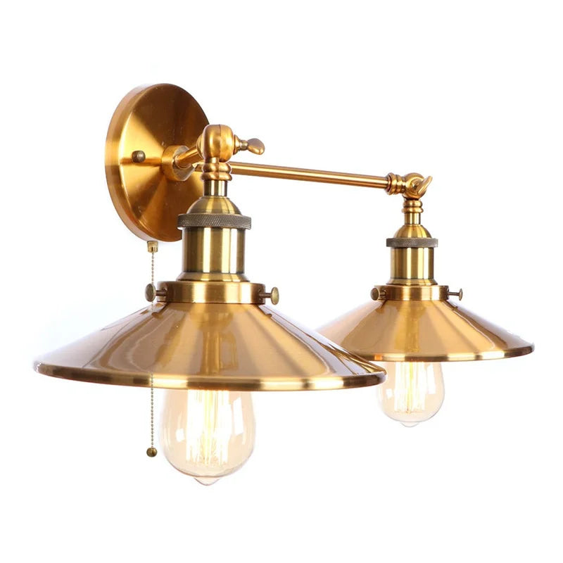Vintage Gold Industrial Wall Lights with Pull Chain Switch and 2 Heads