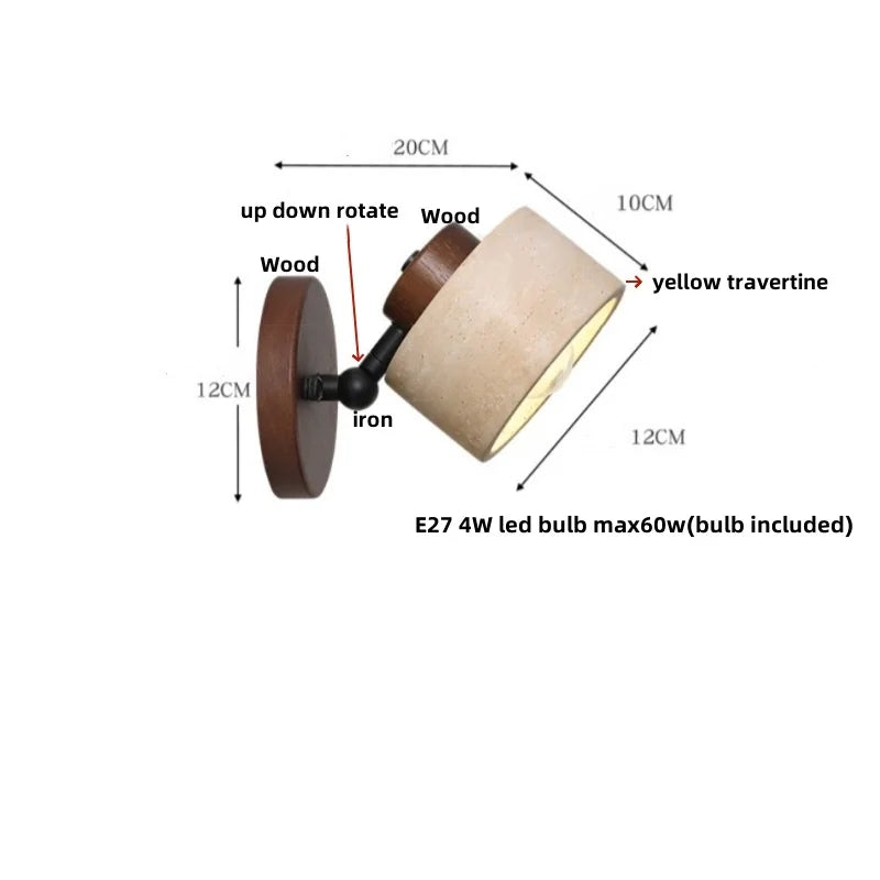 Yellow Travertine Stone Natural Wood LED Wall Light Bedside Lamp