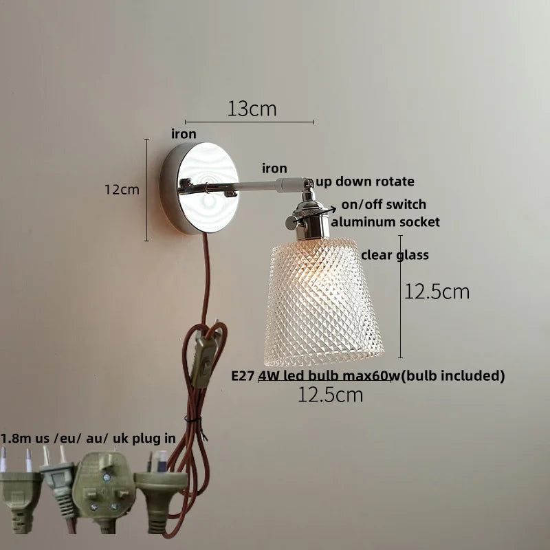Afralia™ Iron Rotate LED Wall Light Modern Pull Chain Switch Clear Glass Wandlamp
