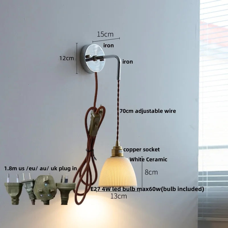 Ash Wood LED Wall Light with Pull Chain Switch, Japanese Style Bedside Lamp