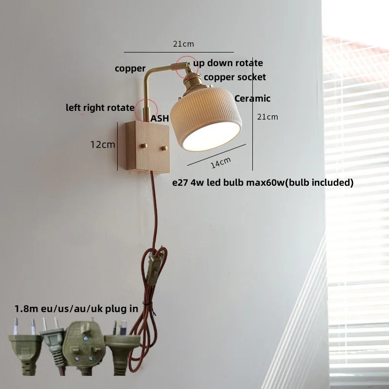 Afralia™ Globe Ceramic Walnut Wood Wall Light with Pull Chain Switch and Rotatable Design