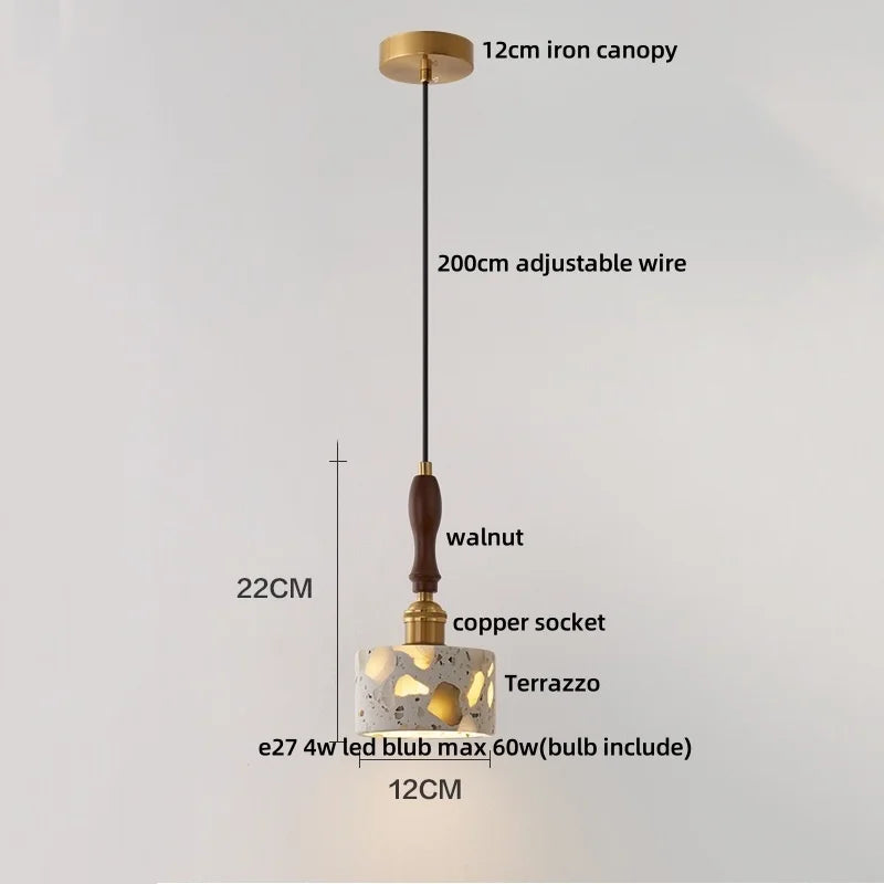 Afralia™ LED Terrazzo Pendant Lamp White Stone Wood Hanging Light