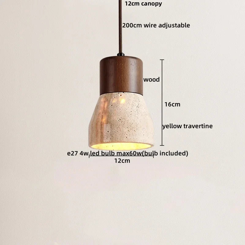 Yellow Travertine Wood Base LED Pendant Lights - Modern Adjustable Hanging Lamp