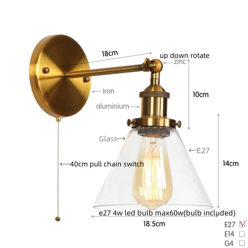 Loft LED Wall Lamp Vintage Pull Chain Switch Iron Bathroom Light