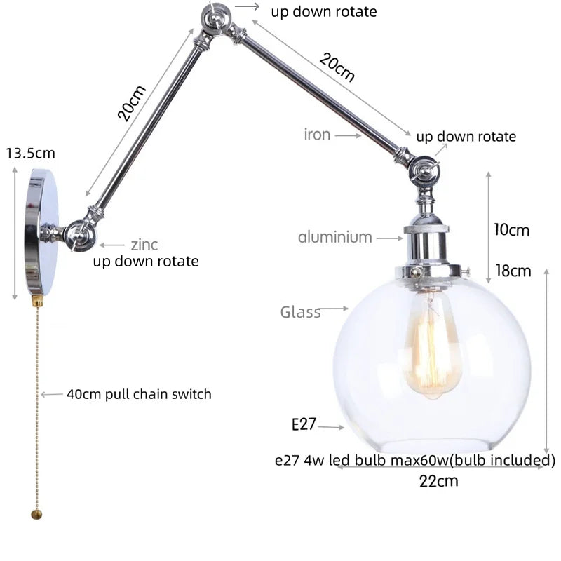 Vintage Loft LED Wall Lights Pull Chain Switch Chrome Clear Glass Fixtures