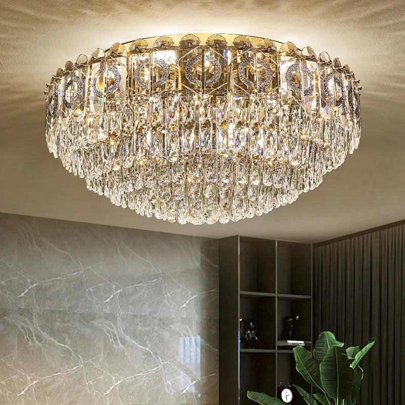 Crystal Ceiling Lamp: Modern Simple Golden Round Light for Living Room, Bedroom, Study