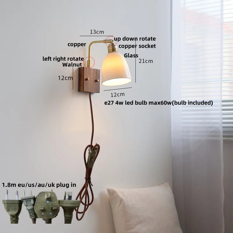 Glass Ceramic LED Wall Sconce, Rotatable Modern Walnut Wood Light
