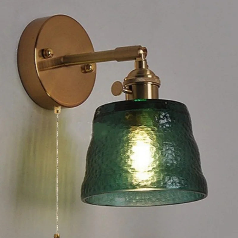 Clear Glass LED Wall Sconce with Pull Chain Switch, Brass E27, Bedroom Reading Light