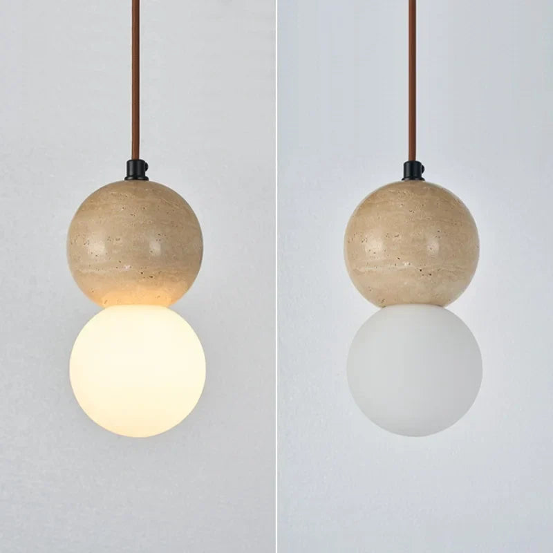 LED Gourd Pendant Light Fixture with Yellow Travertine and White Glass