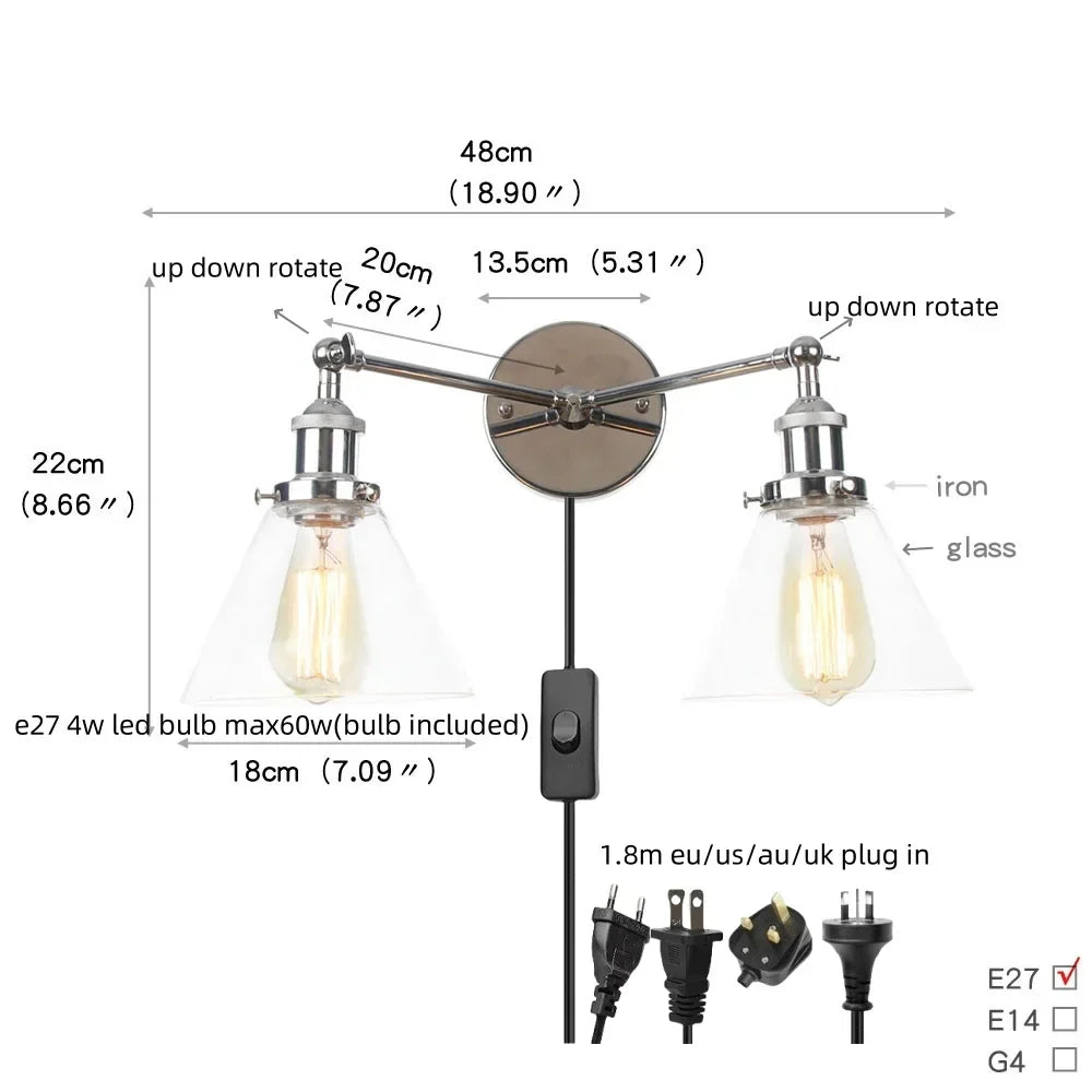 2 Head LED Wall Lamps Iron Glass Bedroom Stair Light Fixtures