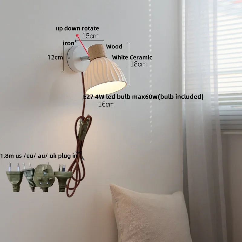 White Ceramic Wood LED Wall Light Fixture Pull Chain Switch Bedside Lamp