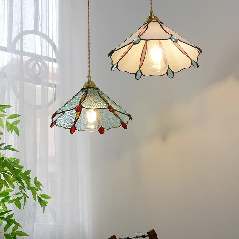 Walnut Wood LED Pendant Tiffany Glass Hanging Lamp - Vintage Dining Room Light