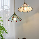 Walnut Wood LED Pendant Tiffany Glass Hanging Lamp - Vintage Dining Room Light