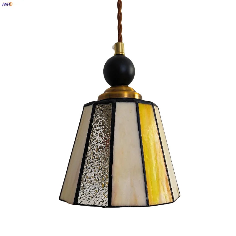 Tiffany Glass LED Pendant Lights: Modern Nordic Copper Wood Hanging Lamp
