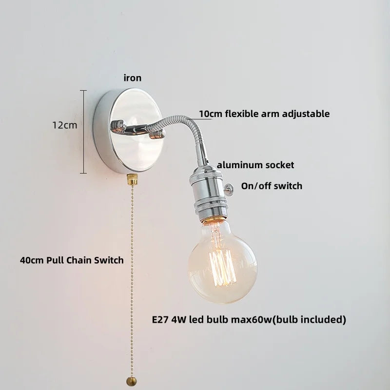 Modern Colorful Glass Wall Sconce with Pull Chain and Flexible Arm