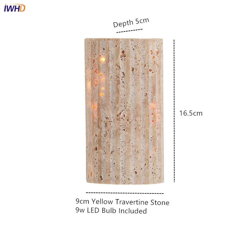 Yellow Travertine LED Wall Lamp Round Bedside Light Fixtures