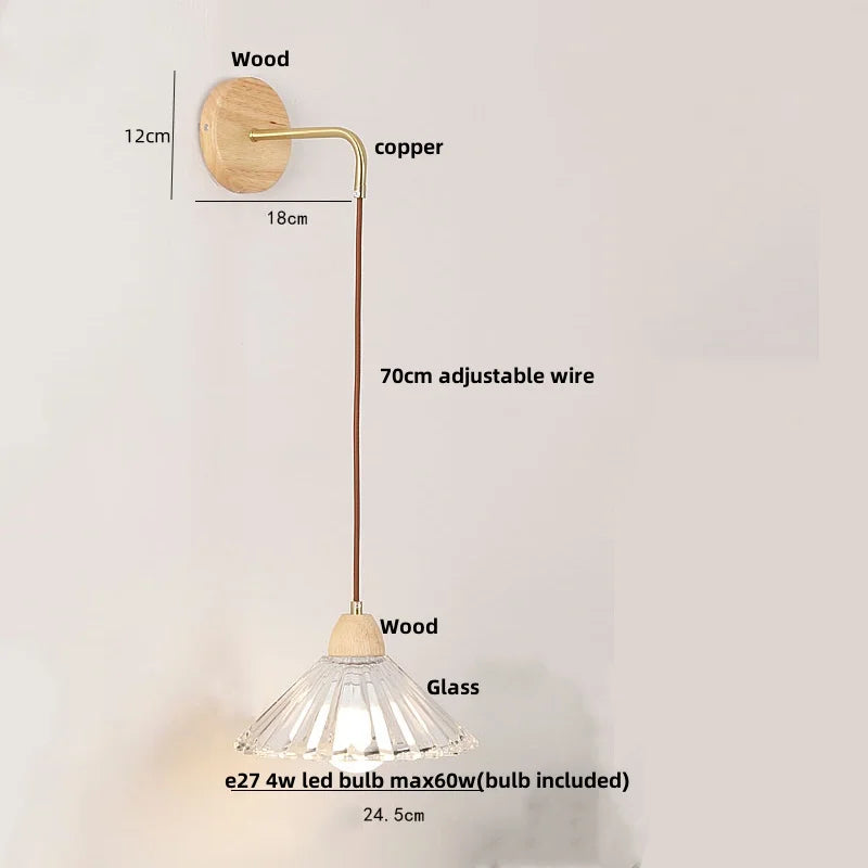 Clear Glass LED Wall Lights with Wood Pull Chain Switch, Modern Art Bedside Lamp