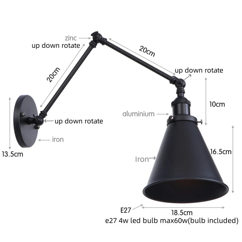 Vintage Iron Gold LED Wall Lamp with Long Arm and Pull Chain Switch