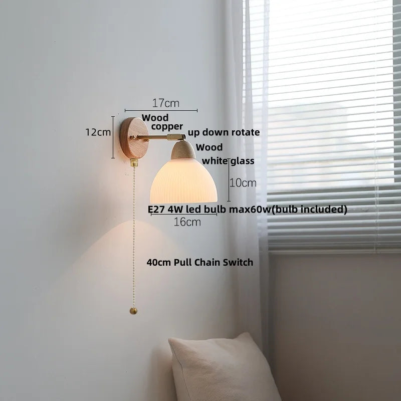 Wood Canopy LED Wall Light Pull Chain Switch Nordic Modern Bedside Sconce