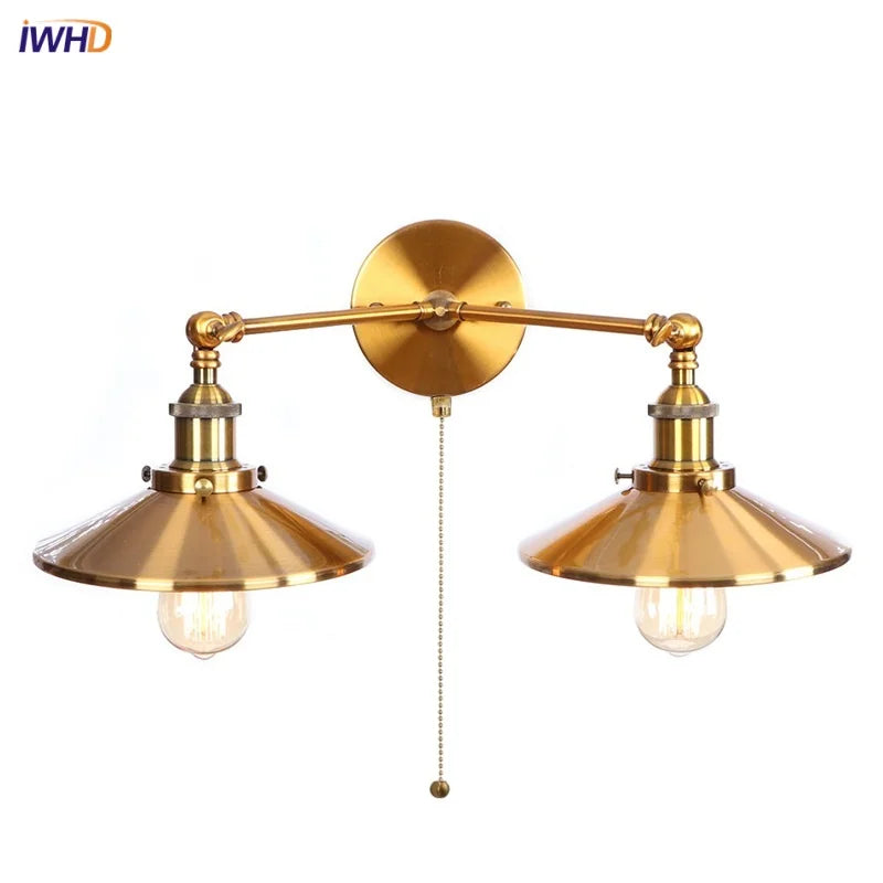 Vintage Gold Industrial Wall Lights with Pull Chain Switch and 2 Heads