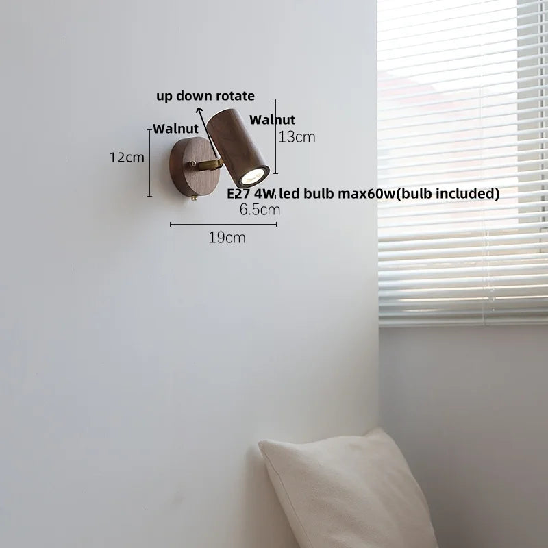 Walnut Wood LED Wall Lights Bedroom Copper Rotate Glass Pull Chain Switch