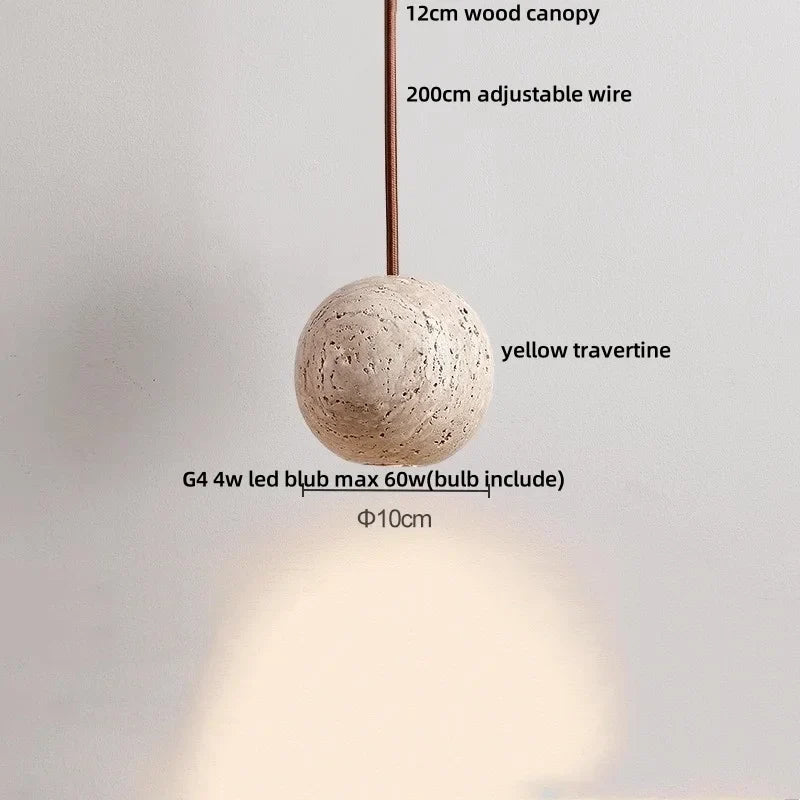 LED Wood Canopy Pendant Lights Yellow Travertine Stone Hanging Lamp