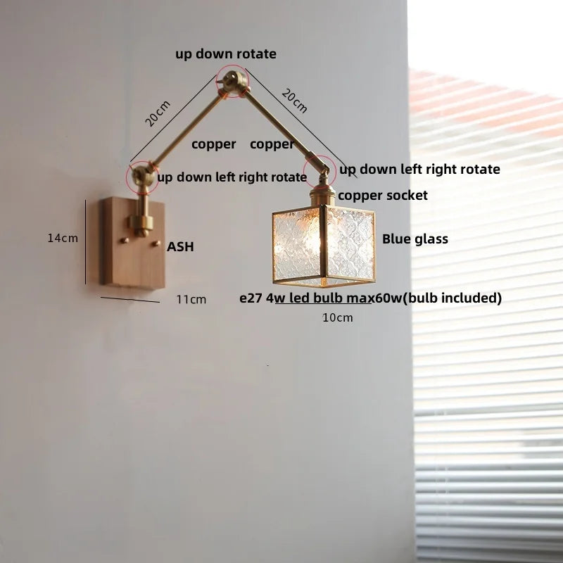Ash Wood LED Swing Arm Wall Light with Pull Chain Switch & Blue Glass