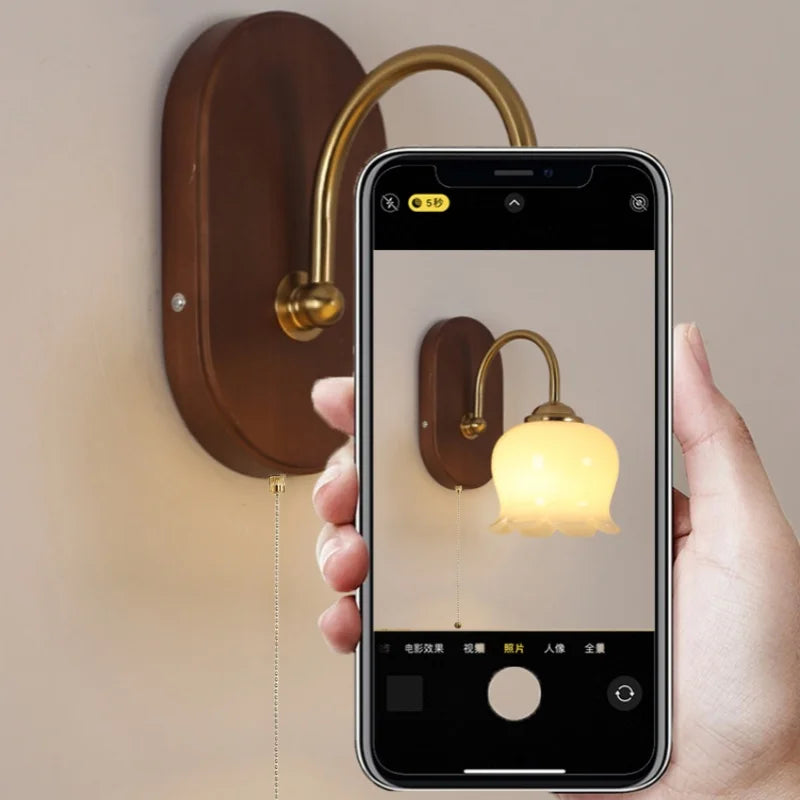 Walnut Wood LED Wall Light Fixture Modern Simple Bedside Sconce Lampara