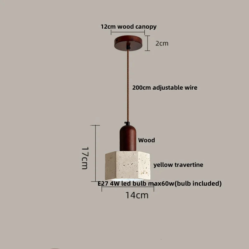 Yellow Travertine Stone Pendant Lamp for Bedroom Balcony Cafe, 2m Wire, Nordic Modern Style
