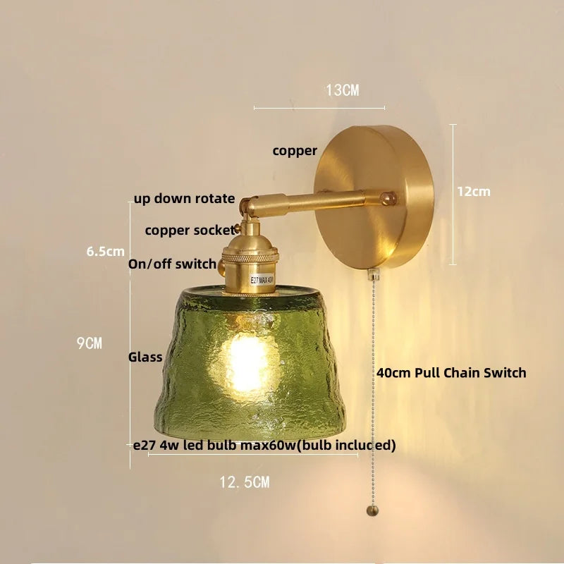 Afralia™ Green Glass LED Wall Lights Pull Chain Switch Vintage Style Bedside Lamp