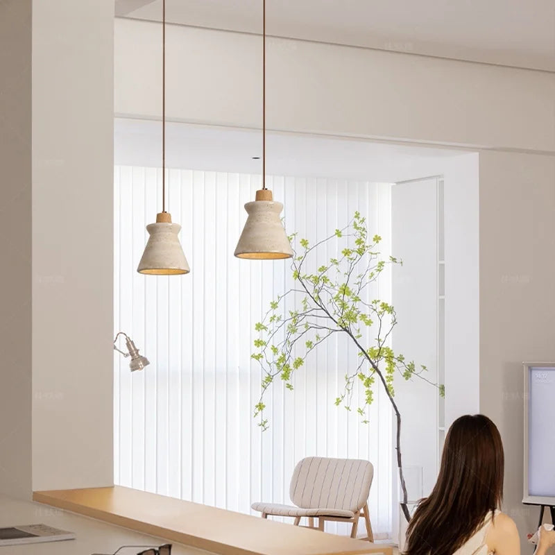 Stone LED Pendant Light: Nordic Modern Yellow Travertine Fixture for Living Dining Hallway