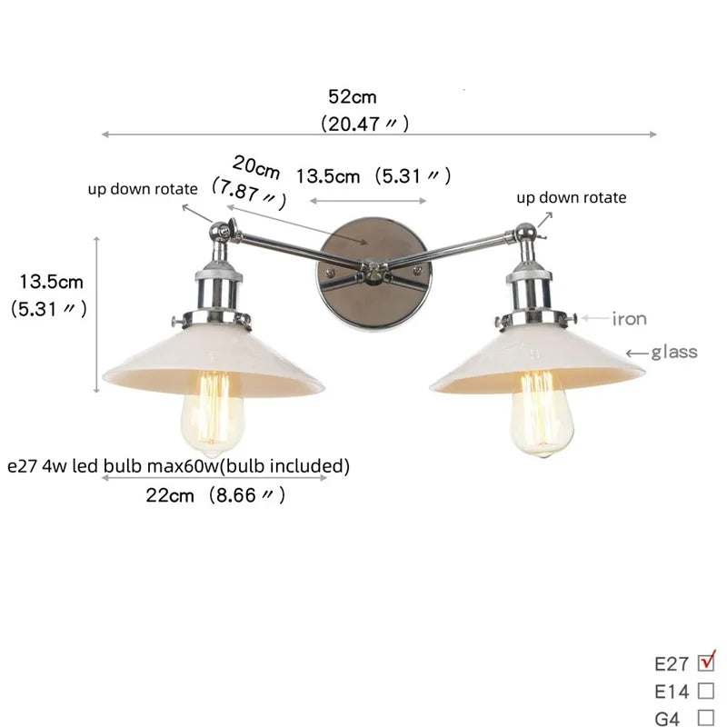 Retro LED Wall Light with Pull Chain Switch, 2 Heads Sconce for Living Room