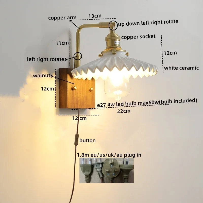 Walnut Ceramic LED Wall Lamp Pull Chain Switch - Modern Bathroom Mirror Light