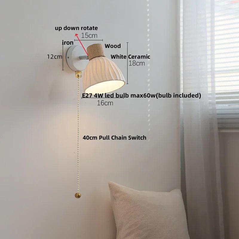 White Ceramic Wood LED Wall Light Fixture Pull Chain Switch Bedside Lamp