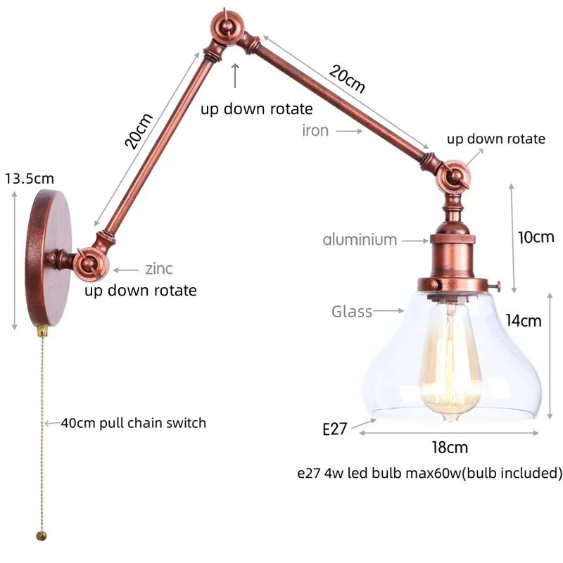 Vintage Loft LED Wall Light - Industrial Glass Iron Lamp