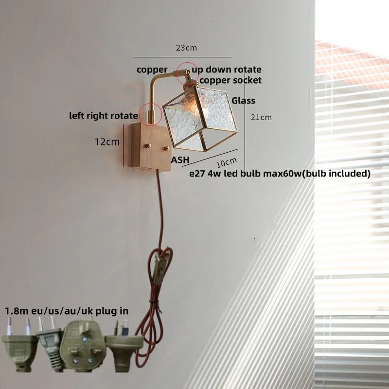 Walnut LED Wall Sconce, Vintage Glass Cube Stair Light Fixture