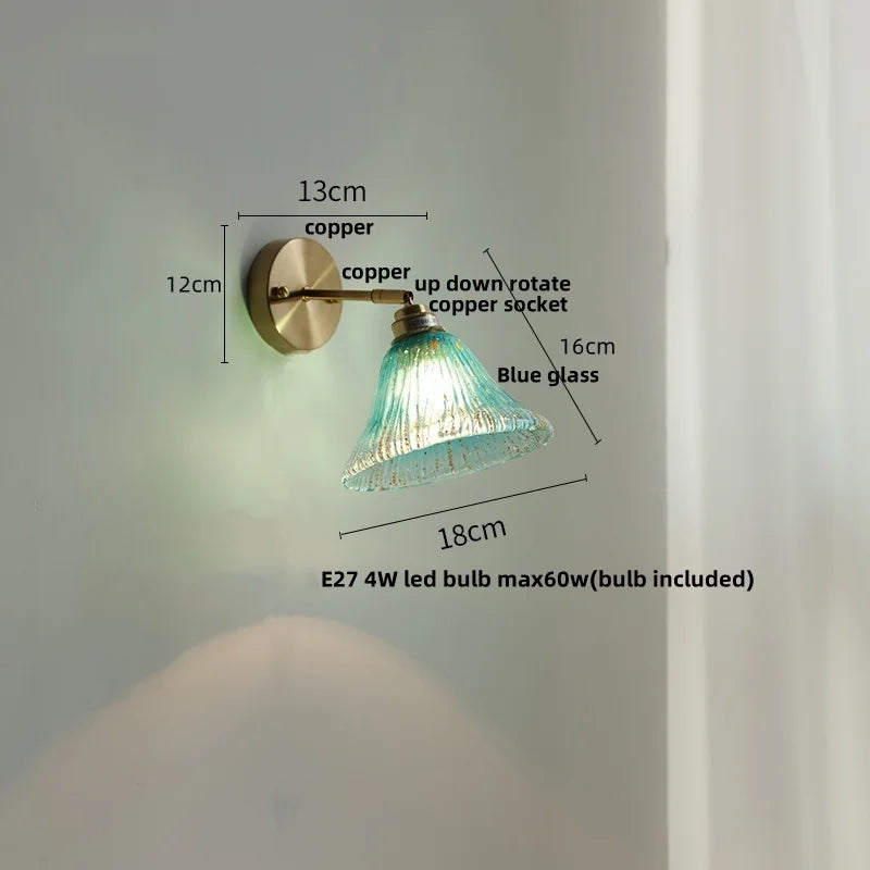 Blue Glass Wall Sconce Pull Chain Switch Rotate Stair Light