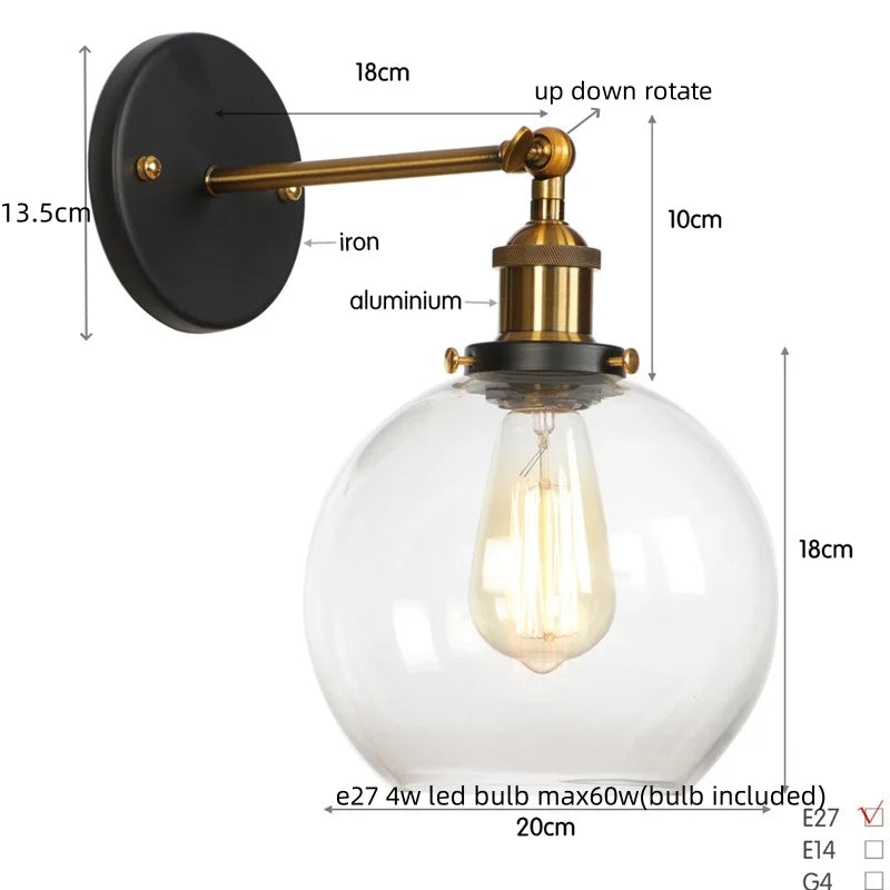 Vintage Glass LED Wall Sconce Iron Pull Chain Switch Light