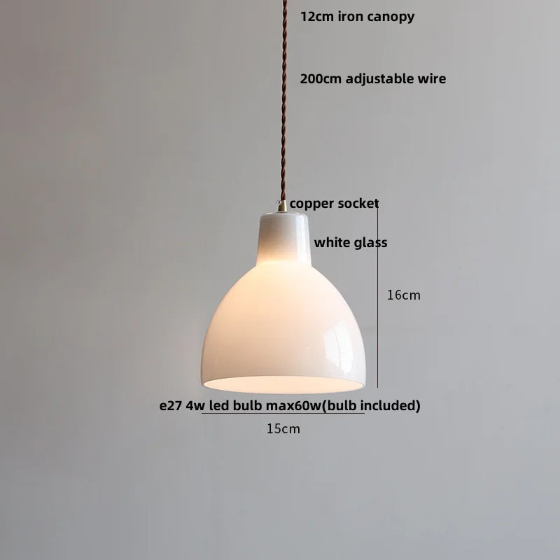 White Glass LED Pendant Lamp Copper Adjustable Hanging Light