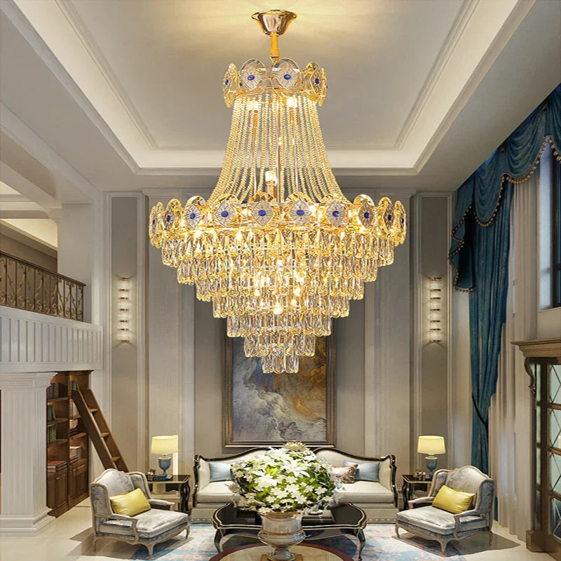 Gold Round Chandelier Dimmable LED Stair Lights Luxury Suspension Lamp