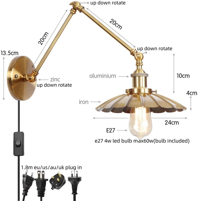 Gold Industrial LED Wall Lamp with Pull Chain Switch for Home Decor