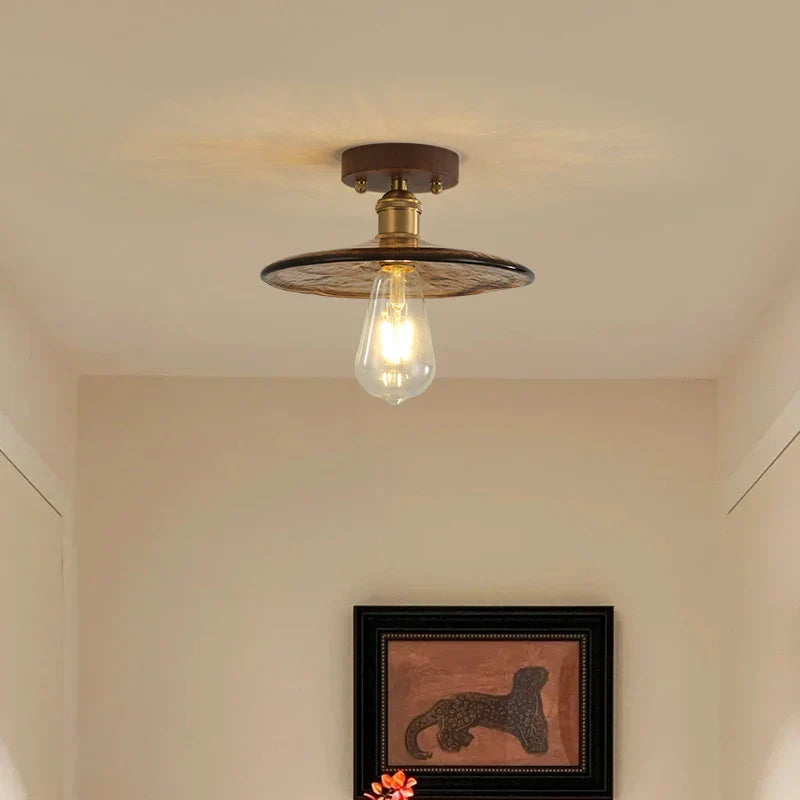 Nordic LED Ceiling Light Amber Glass Wood Brass Flush Mount Lamp