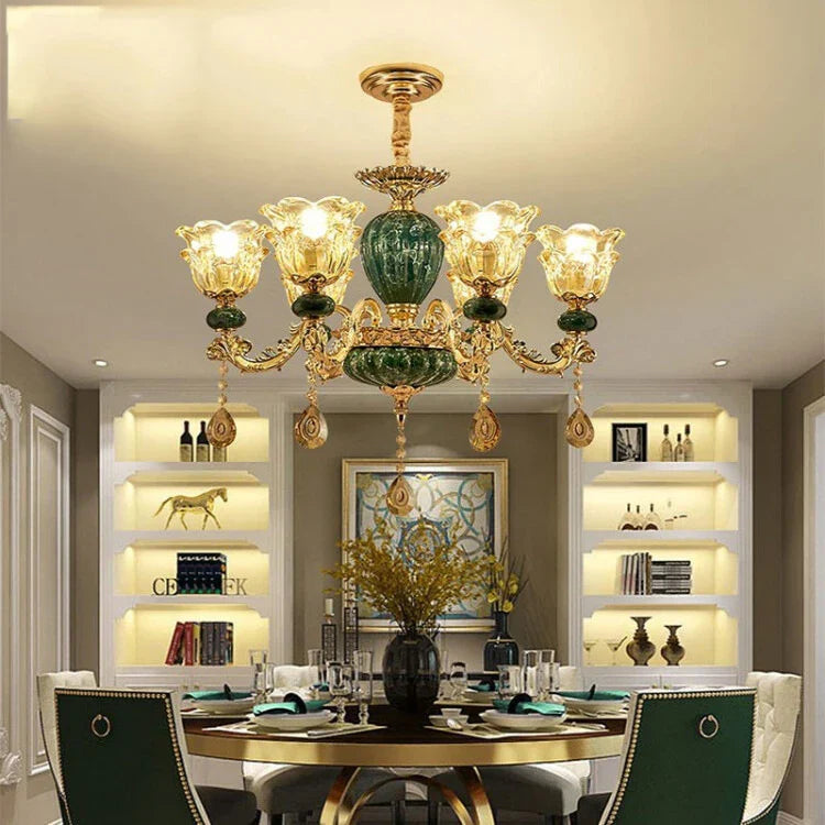 LED Crystal Ceramic Retro Ceiling Chandelier European Style Luxury Lamp