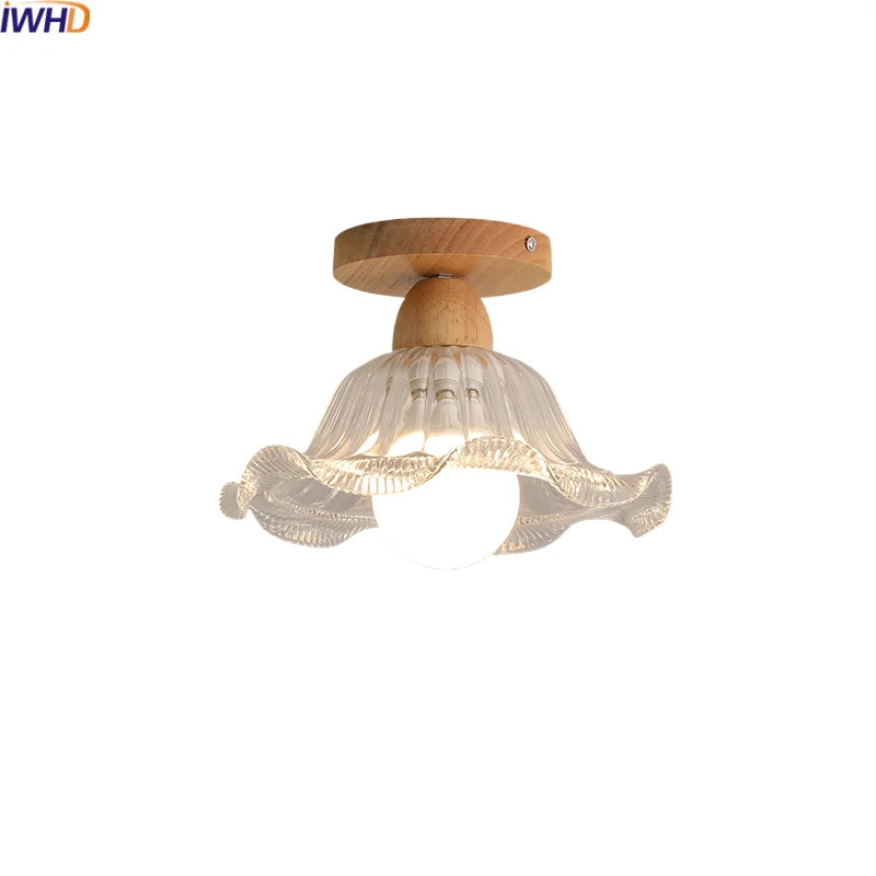Nordic Wood Glass LED Ceiling Light Modern Indoor Lighting Balcony Corridor Restaurant