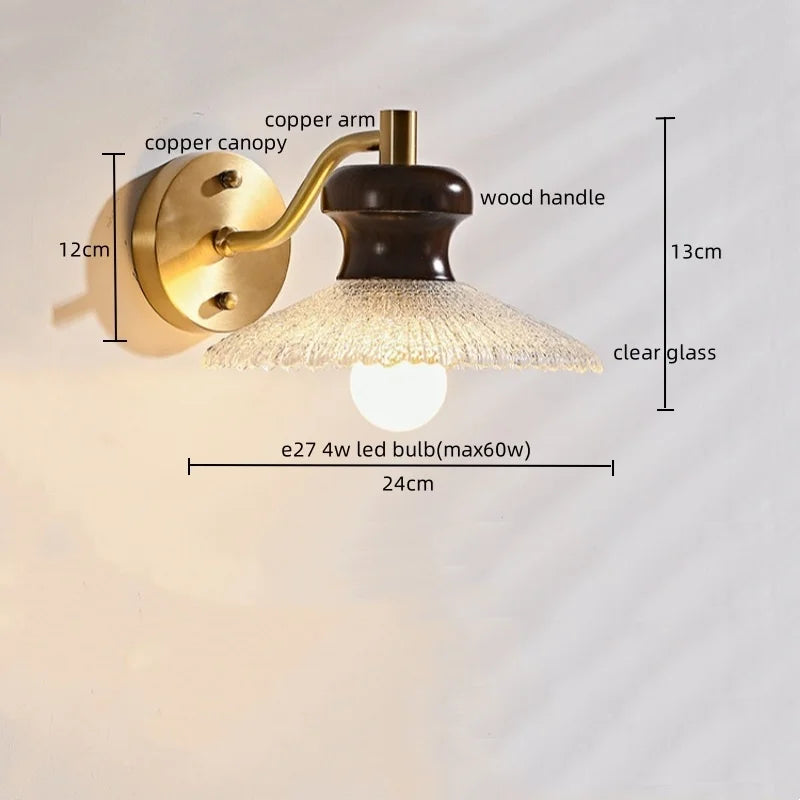 Wood Handled Copper Arm LED Wall Light - Vintage Bedside Lamp