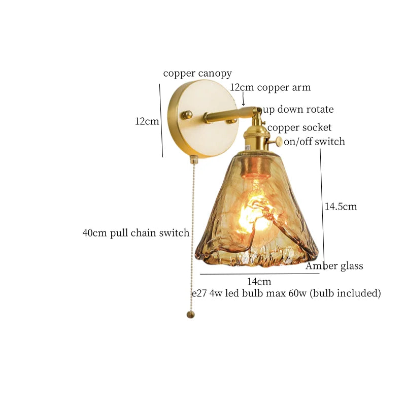 Glass LED Wall Sconce Bedroom Loft Bathroom Stair Light Pull Chain Copper